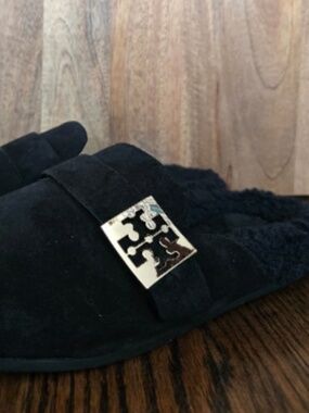 Tory Burch Mellow Suede Shearling Buckle Loafer Mules